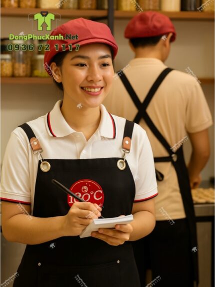 Tạp dề đồng phục màu đen 180C Bakery phối da chất liệu kaki cotton