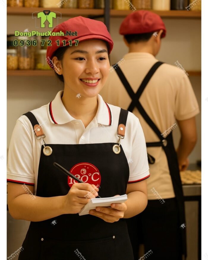 Tạp dề đồng phục màu đen 180C Bakery phối da chất liệu kaki cotton