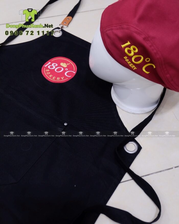 Tạp dề đồng phục màu đen 180C Bakery phối da chất liệu kaki cotton