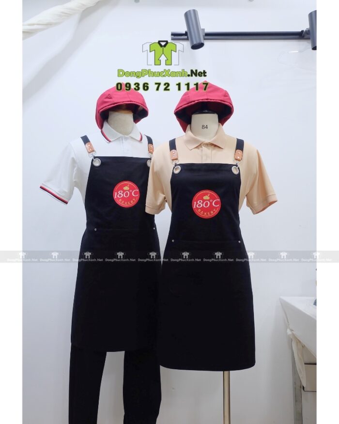 Tạp dề đồng phục màu đen 180C Bakery phối da chất liệu kaki cotton