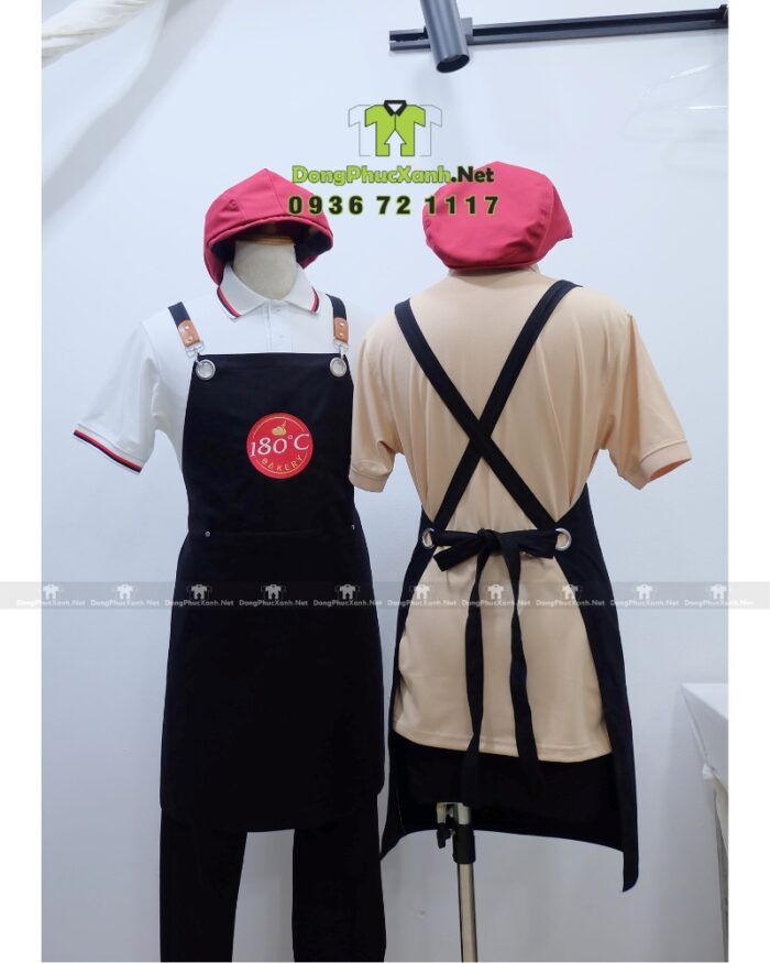 Tạp dề đồng phục màu đen 180C Bakery phối da chất liệu kaki cotton