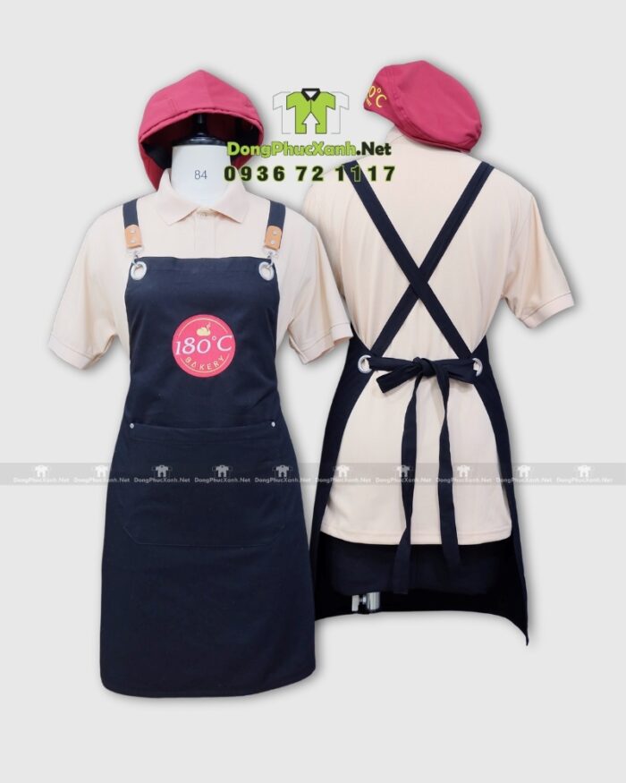 Tạp dề đồng phục màu đen 180C Bakery phối da chất liệu kaki cotton