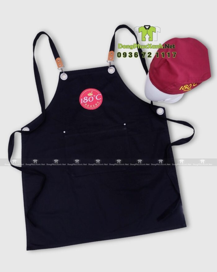 Tạp dề đồng phục màu đen 180C Bakery phối da chất liệu kaki cotton