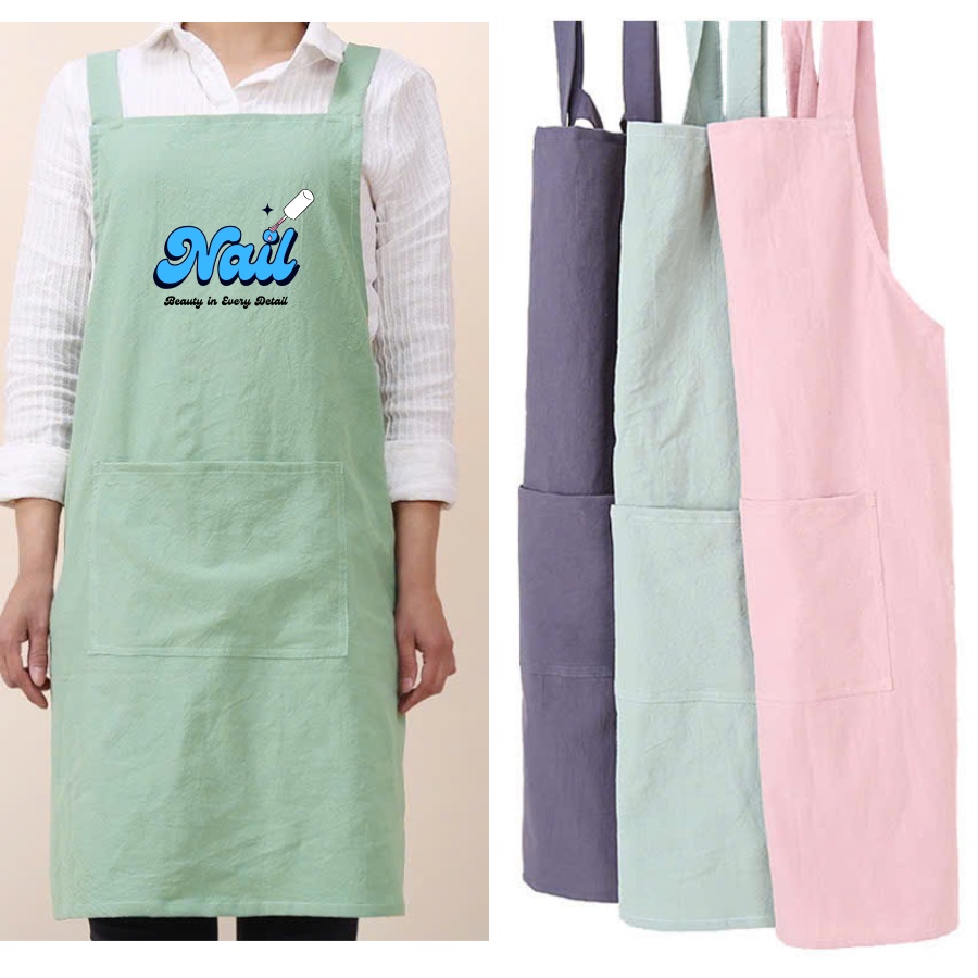 Tạp dề màu tươi sáng phù hợp làm tạp dề đồng phục cho spa nail ,sang trọng, chống bám bụi và gọn gàng