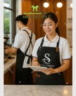 Đồng phục quán cafe Sam Coffee áo polo trắng kèm tạp dề nhân viên màu đen