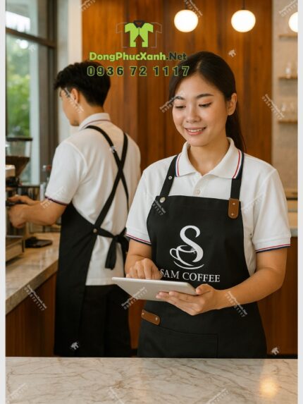 Đồng phục quán cafe Sam Coffee áo polo trắng kèm tạp dề nhân viên màu đen