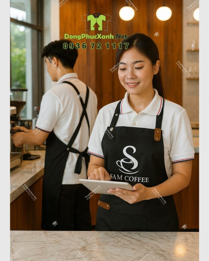 Đồng phục quán cafe Sam Coffee áo polo trắng kèm tạp dề nhân viên màu đen