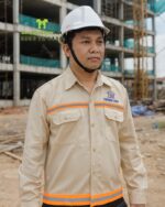 Đồng phục công nhân xây dựng vải kaki 65/35 màu be phản quang in logo Thành Đạt