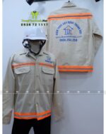 Đồng phục công nhân xây dựng vải kaki 65/35 màu be phản quang in logo Thành Đạt