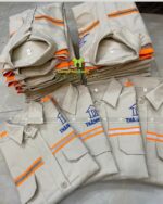 Đồng phục công nhân xây dựng vải kaki 65/35 màu be phản quang in logo Thành Đạt