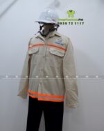 Đồng phục công nhân xây dựng vải kaki 65/35 màu be phản quang in logo Thành Đạt