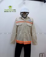 Đồng phục công nhân xây dựng vải kaki 65/35 màu be phản quang in logo Thành Đạt