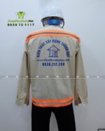 Đồng phục công nhân xây dựng vải kaki 65/35 màu be phản quang in logo Thành Đạt