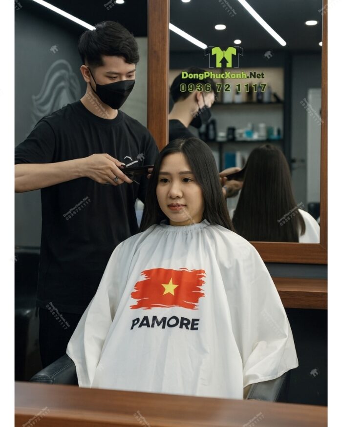 Áo choàng tóc in logo PAIMORE vải dù màu trắng in cờ Việt Nam