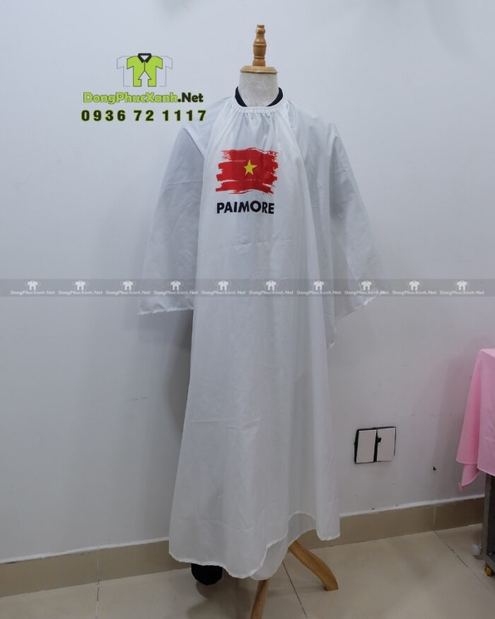 Áo choàng tóc in logo PAIMORE vải dù màu trắng in cờ Việt Nam