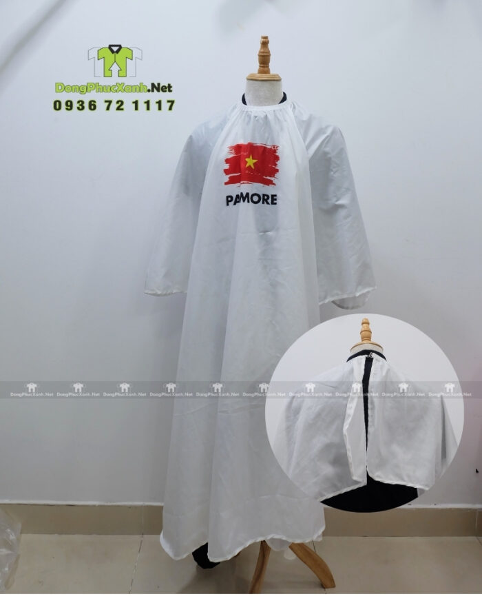 Áo choàng tóc in logo PAIMORE vải dù màu trắng in cờ Việt Nam