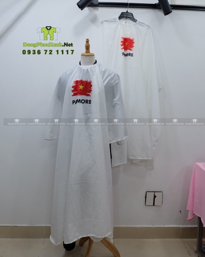 Áo choàng tóc in logo PAIMORE vải dù màu trắng in cờ Việt Nam