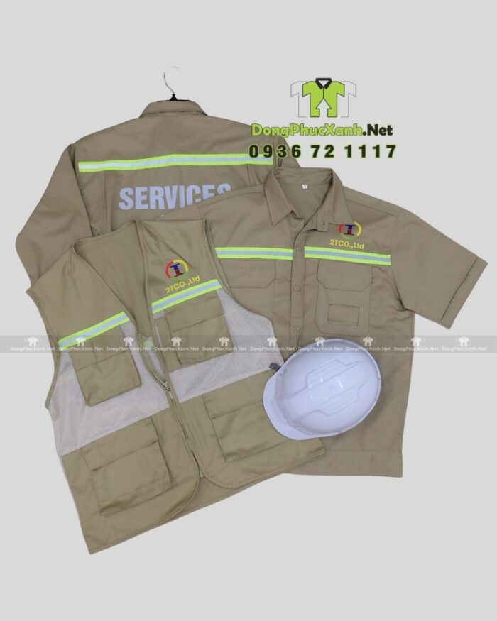Áo gile kỹ sư 2TCO.,Ltd kaki 65/35 phối lưới, in logo, phản quang