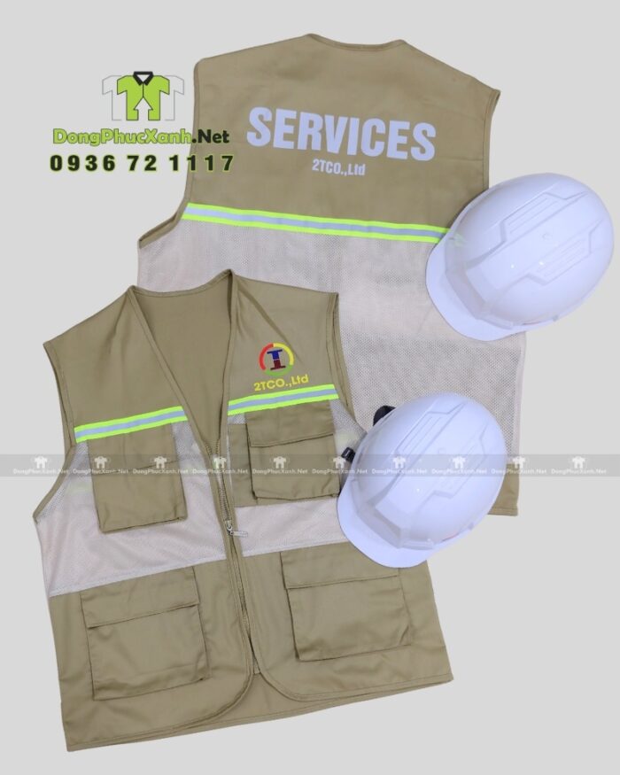 Áo gile kỹ sư 2TCO.,Ltd kaki 65/35 phối lưới, in logo, phản quang