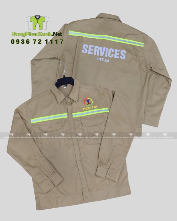 Áo gile kỹ sư 2TCO.,Ltd kaki 65/35 phối lưới, in logo, phản quang