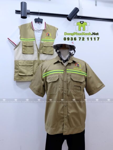 Áo gile kỹ sư 2TCO.,Ltd kaki 65/35 phối lưới, in logo, phản quang