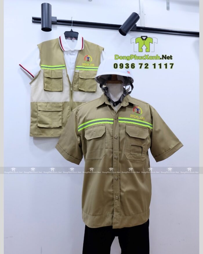 Áo gile kỹ sư 2TCO.,Ltd kaki 65/35 phối lưới, in logo, phản quang