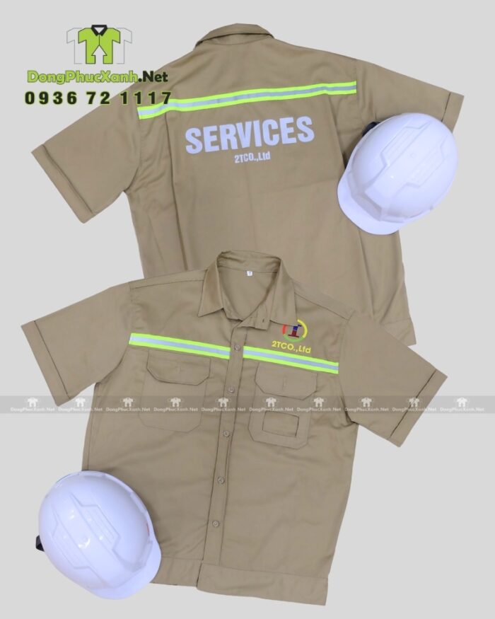 Áo gile kỹ sư 2TCO.,Ltd kaki 65/35 phối lưới, in logo, phản quang