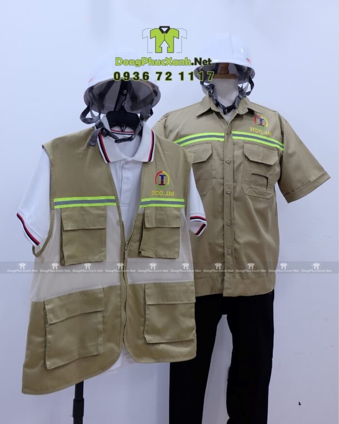 Áo gile kỹ sư 2TCO.,Ltd kaki 65/35 phối lưới, in logo, phản quang
