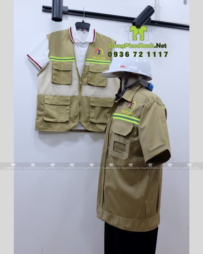 Áo gile kỹ sư 2TCO.,Ltd kaki 65/35 phối lưới, in logo, phản quang