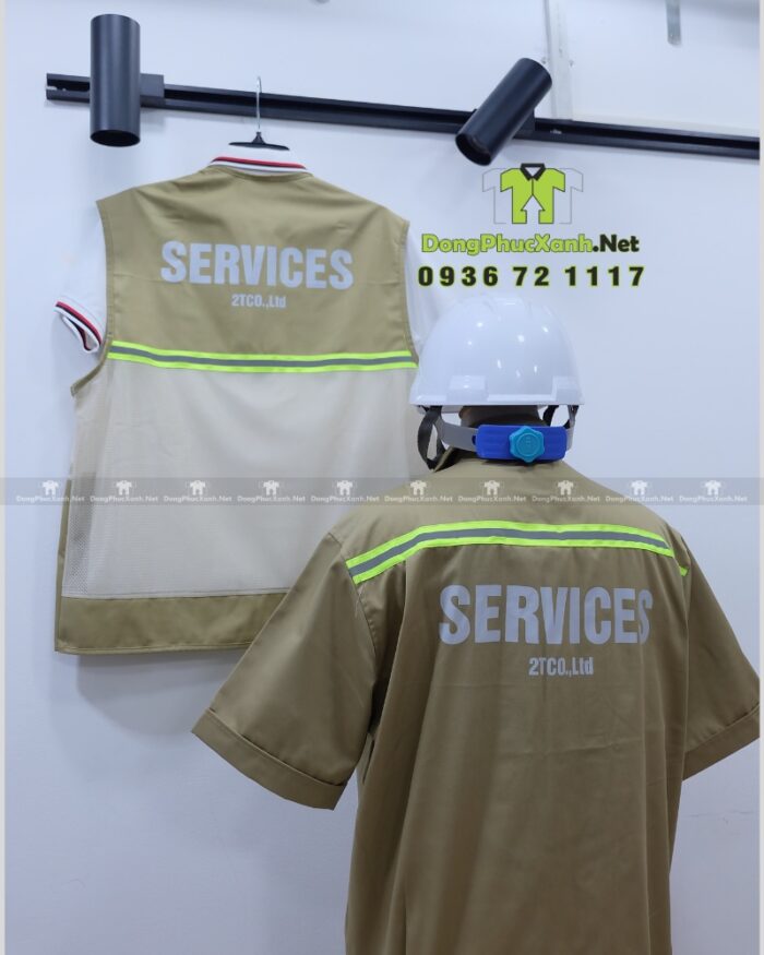 Áo gile kỹ sư 2TCO.,Ltd kaki 65/35 phối lưới, in logo, phản quang