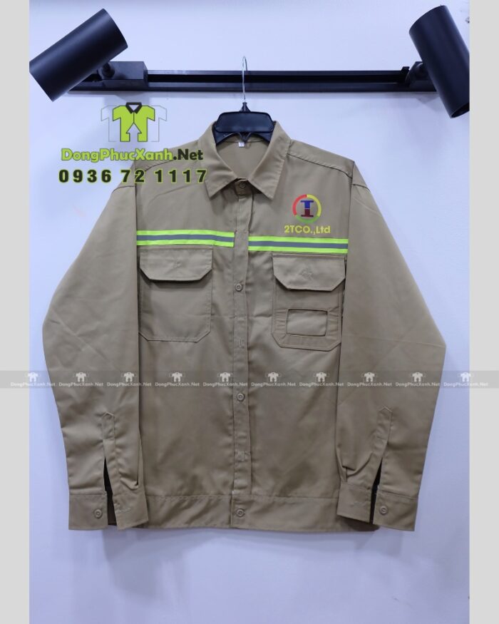 Áo gile kỹ sư 2TCO.,Ltd kaki 65/35 phối lưới, in logo, phản quang