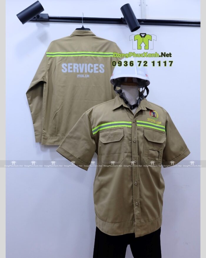 Áo gile kỹ sư 2TCO.,Ltd kaki 65/35 phối lưới, in logo, phản quang