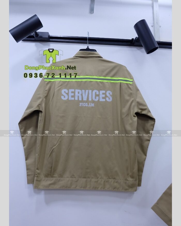 Áo gile kỹ sư 2TCO.,Ltd kaki 65/35 phối lưới, in logo, phản quang