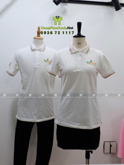 Đồng phục phục vụ THT Fruit áo thun trắng vải cá sấu 65/35 in logo thương hiệu