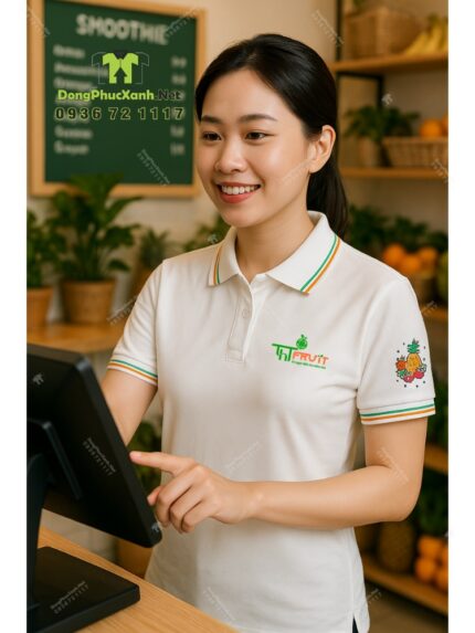 Đồng phục phục vụ THT Fruit áo thun trắng vải cá sấu 65/35 in logo thương hiệu
