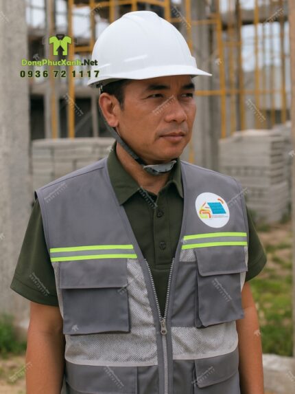 Áo gile kỹ sư Khai Minh màu xám kaki 65/35 phối lưới phản quang