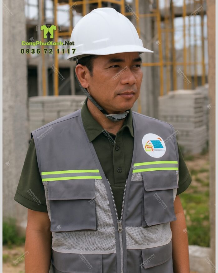 Áo gile kỹ sư Khai Minh màu xám kaki 65/35 phối lưới phản quang