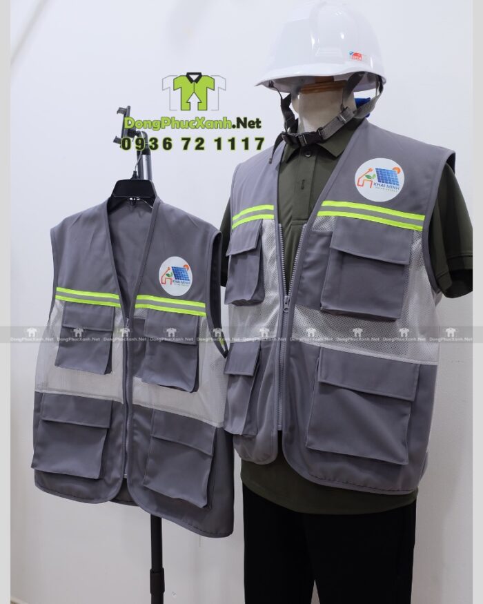 Áo gile kỹ sư Khai Minh màu xám kaki 65/35 phối lưới phản quang