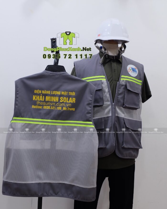 Áo gile kỹ sư Khai Minh màu xám kaki 65/35 phối lưới phản quang