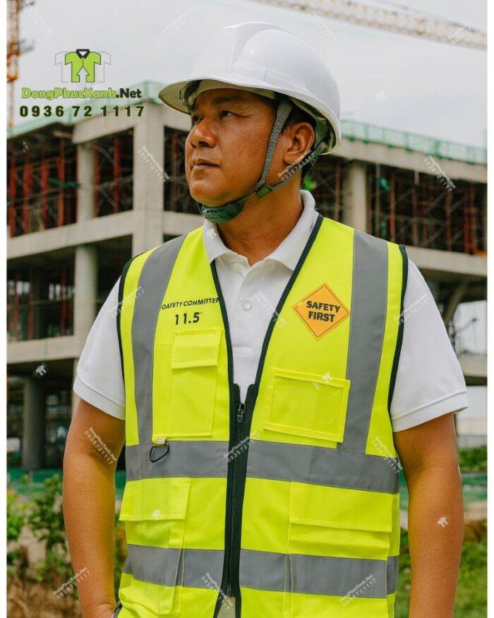 Áo gile kỹ sư phản quang vải PE màu vàng in logo theo yêu cầu.