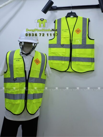 Áo gile kỹ sư phản quang vải PE màu vàng in logo theo yêu cầu.