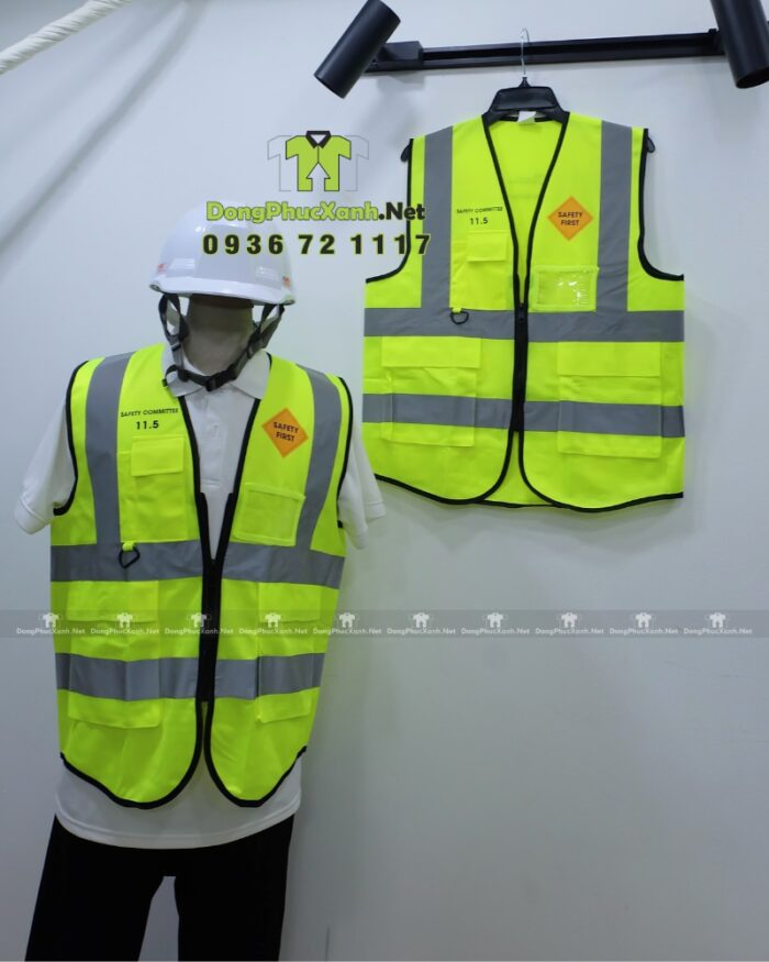 Áo gile kỹ sư phản quang vải PE màu vàng in logo theo yêu cầu.