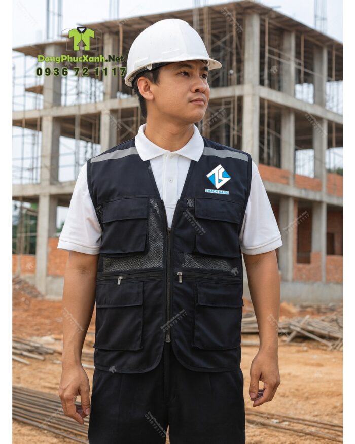 Áo gile kỹ sư Thạch Sang màu đen vải kaki 65/35 phản quang.