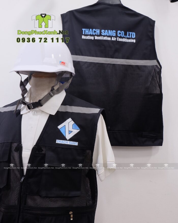 Áo gile kỹ sư Thạch Sang màu đen vải kaki 65/35 phản quang.
