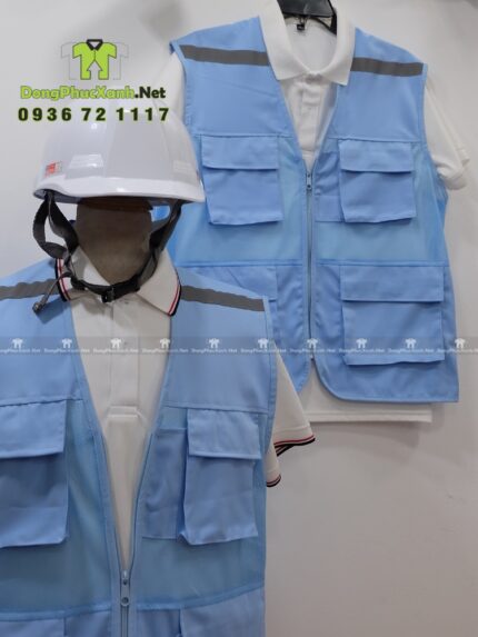 Áo gile kỹ sư vải kaki 65/35 phối lưới màu xanh nhạt.