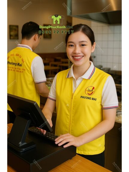 Đồng phục gile gió màu vàng chất liệu vải dù chéo in logo Phương Mai