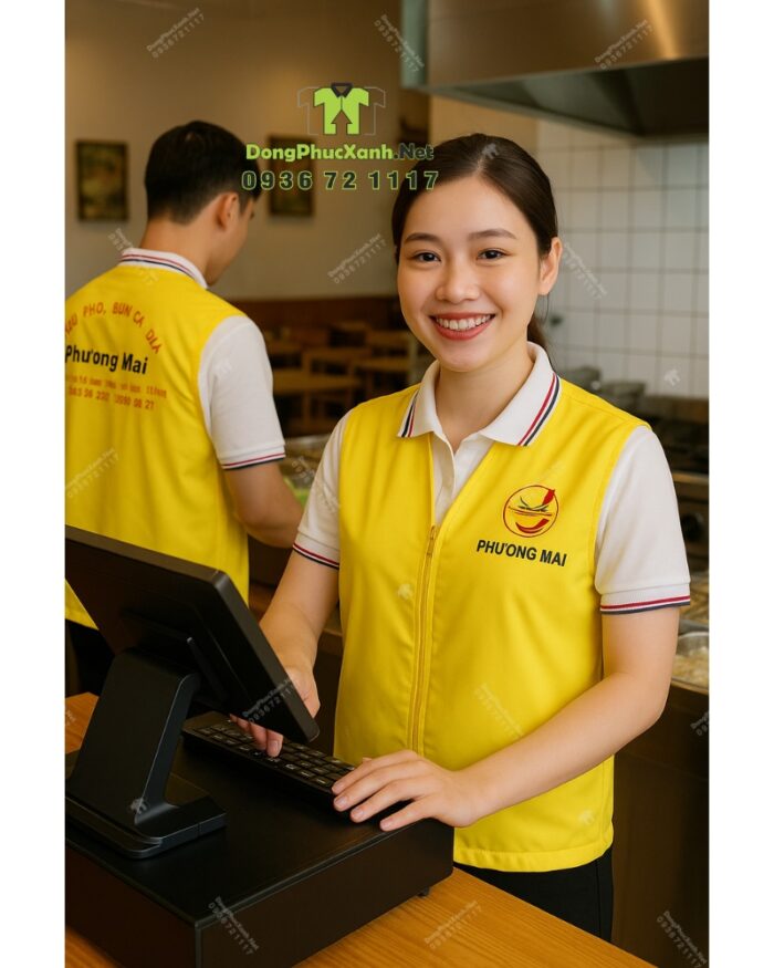 Đồng phục gile gió màu vàng chất liệu vải dù chéo in logo Phương Mai