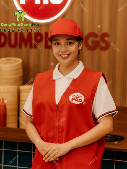 Đồng phục gile gió màu đỏ vải dù chéo in logo Lucky Pao.