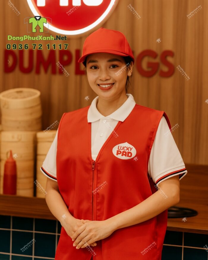 Đồng phục gile gió màu đỏ vải dù chéo in logo Lucky Pao.