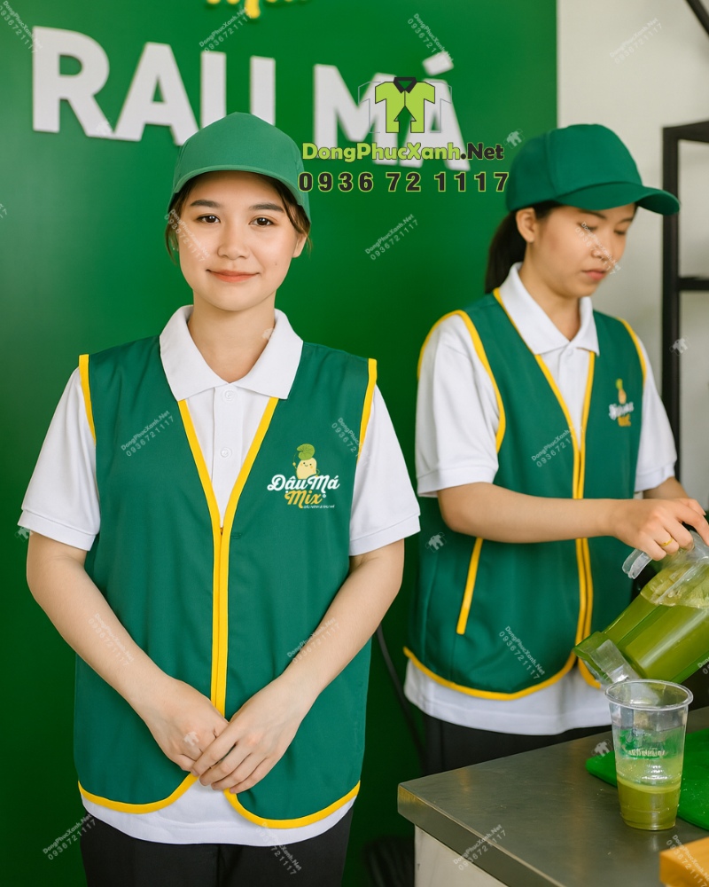 Áo gile nhân viên giao hàng Đậu Má Mix vải dù gió. Đồng phục gile gió màu xanh viền vàng vải dù gió in logo Đậu Má Mix.